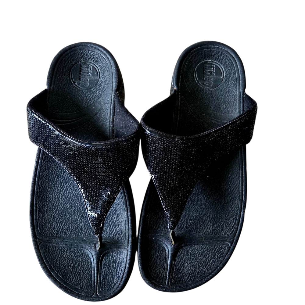 FitFlop Lulu Glitter Toe Thong T Strap Sandals Women's Black Size 7 - Picture 2 of 8
